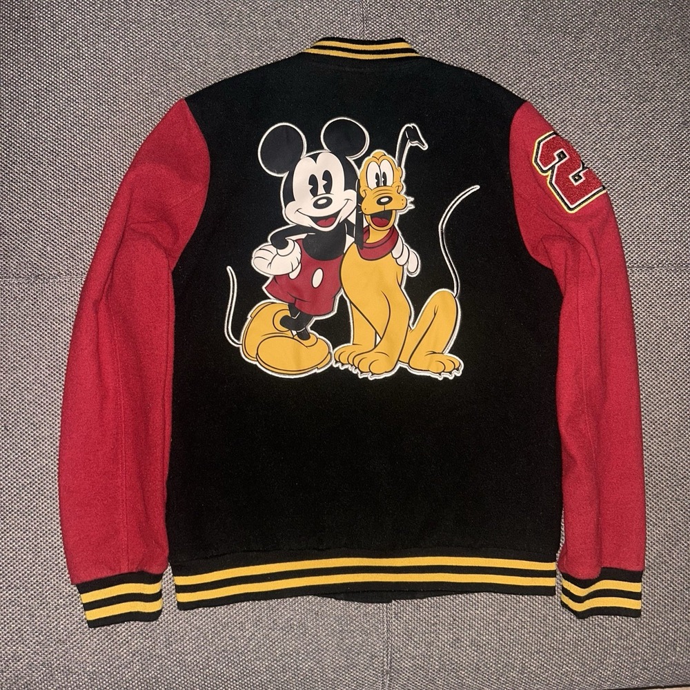 Disney Mickey Mouse & Pluto Black/Red Letterman Varsity Bomber Jacket Mens Small